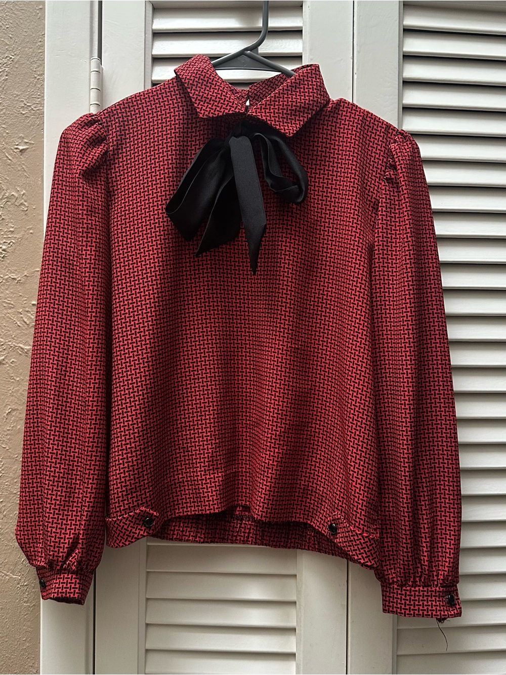 Red Patterned Tie-Neck Blouse